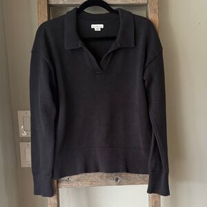 LL Bean Organic Cotton Split Neck Collared Sweater Medium Black